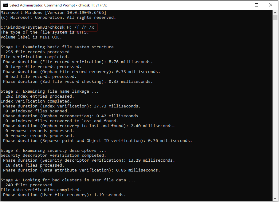 Command Prompt window displaying the CHKDSK scan results for the H drive.