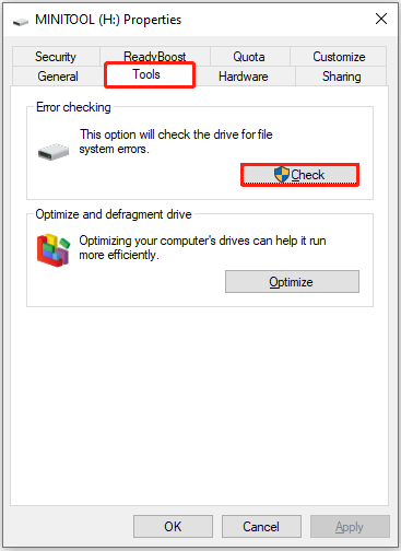 Disk properties window open to the Tools tab, with the Check button highlighted in the Error checking section.