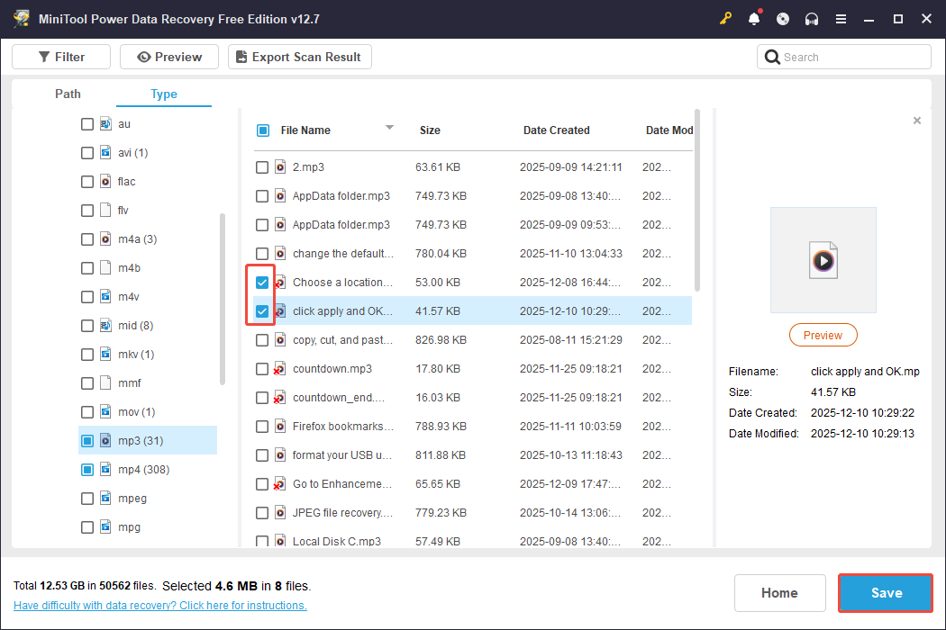 MiniTool Power Data Recovery interface showing the checked boxes for wanted files, with the Save button highlighted.