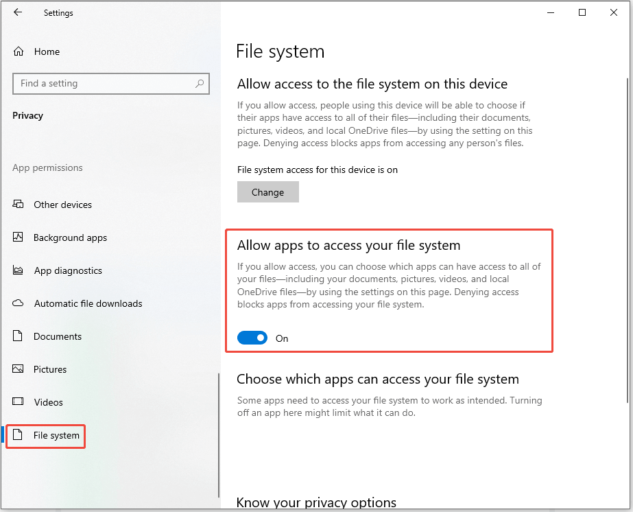The Windows Settings interface showing the File system settings, with Allow apps to access your file system highlighted.