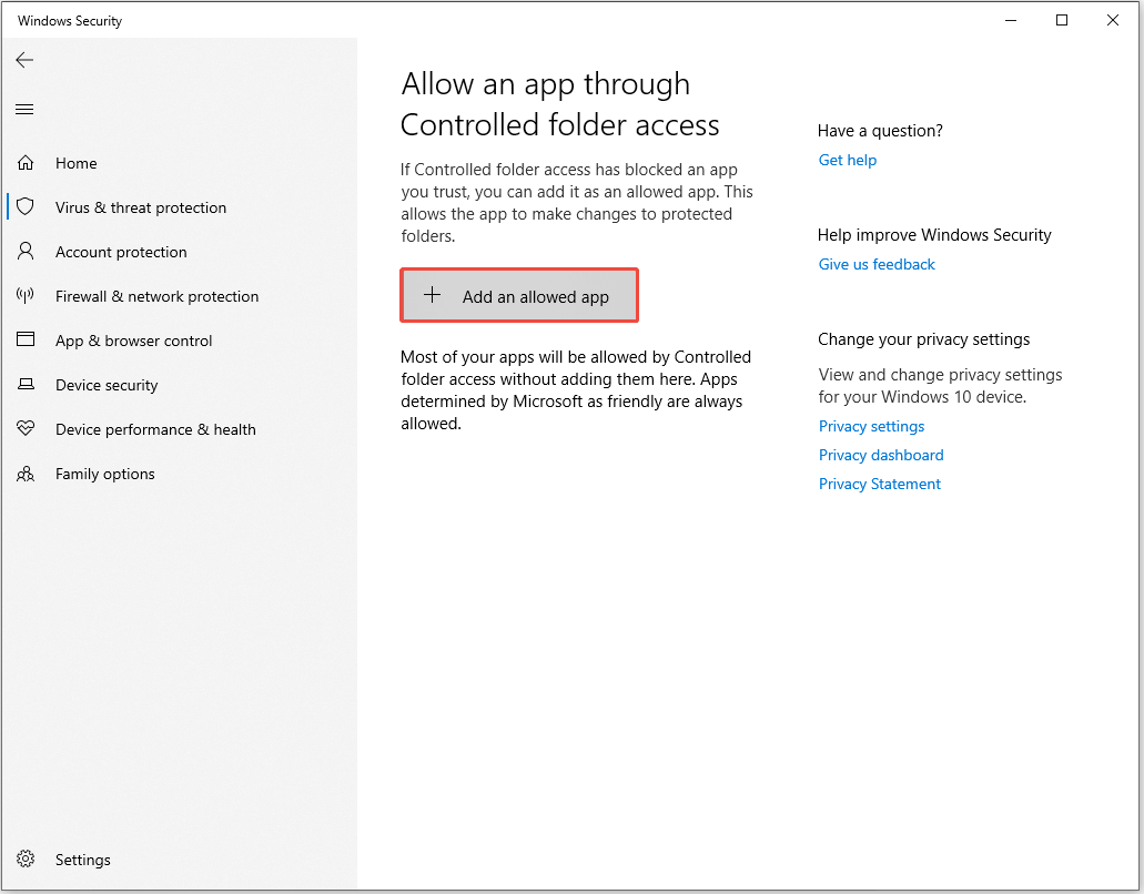 The Virus and threat protection interface in Windows Security with the Add an allowed app button highlighted.