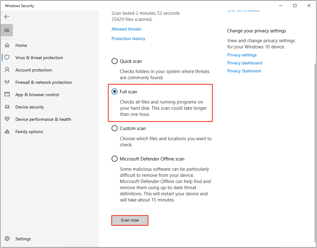 The Scan options interface in the Virus and threat protection tab, with Full scan and Scan now highlighted.