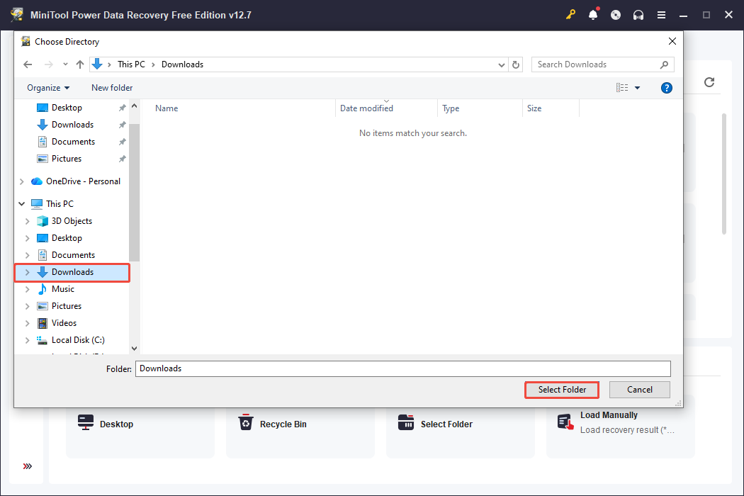 The Choose Directory interface in MiniTool Power Data Recovery with the Downloads folder and Select Folder selected.