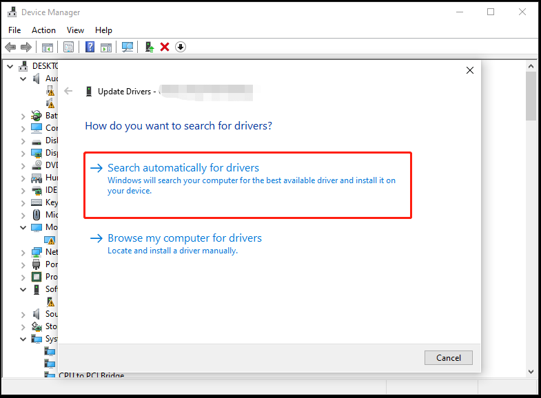 The interface of Device Manager with selected Search automatically for drivers.