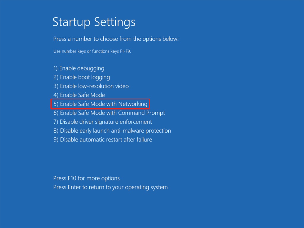 The Startup Settings screen in the WinRE environment with selected Enable Safe Mode with Networking.