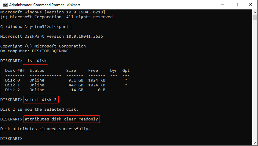The Command Prompt window showing the diskpart tool and the commands to remove write protection.