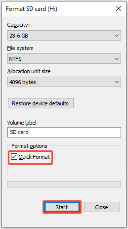 The Format SD card interface in the File Explorer with the Quick Format option and the Start button selected.