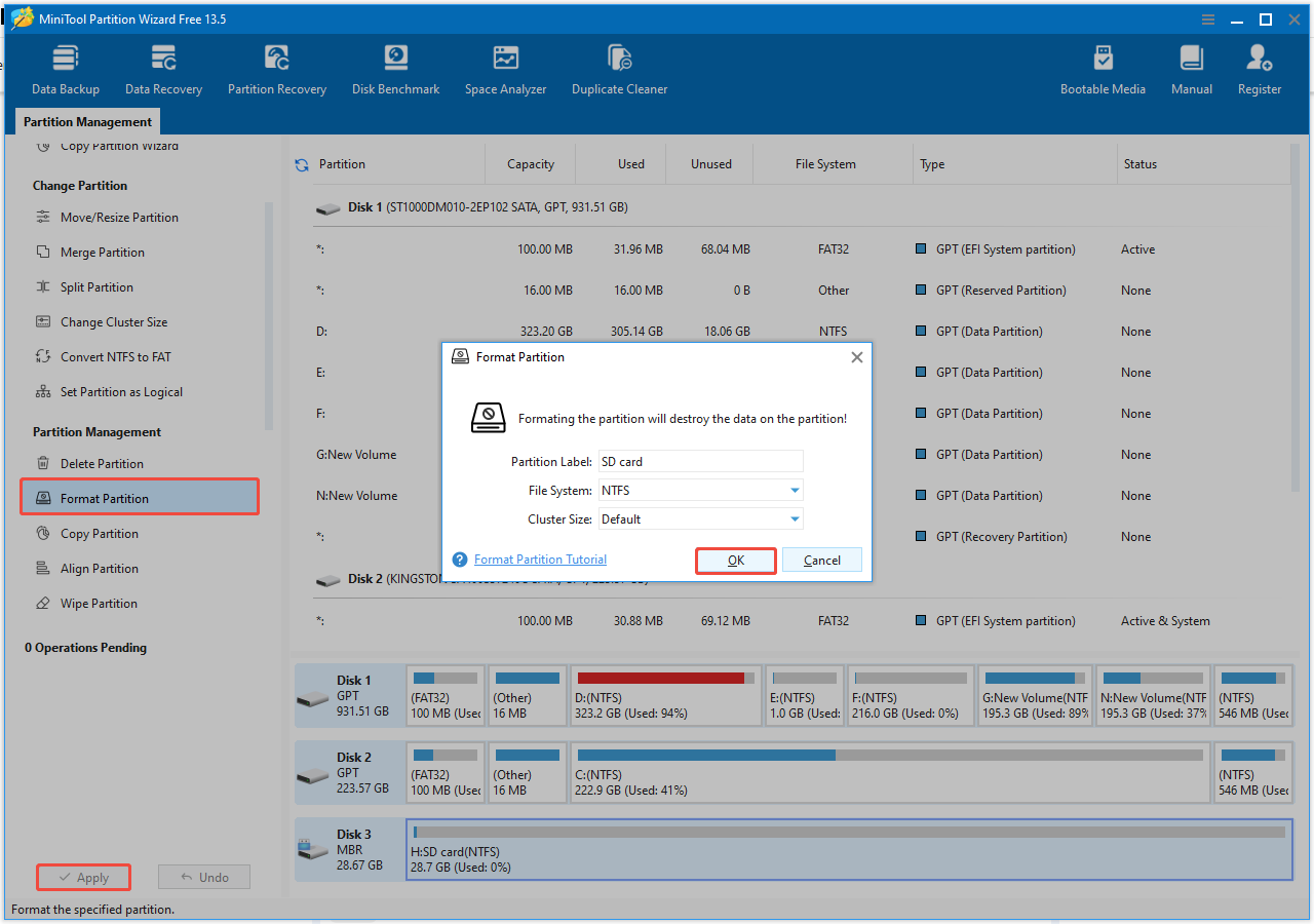The Format Partition interface in MiniTool Partition Wizard with Format Partition, OK, and Apply selected.