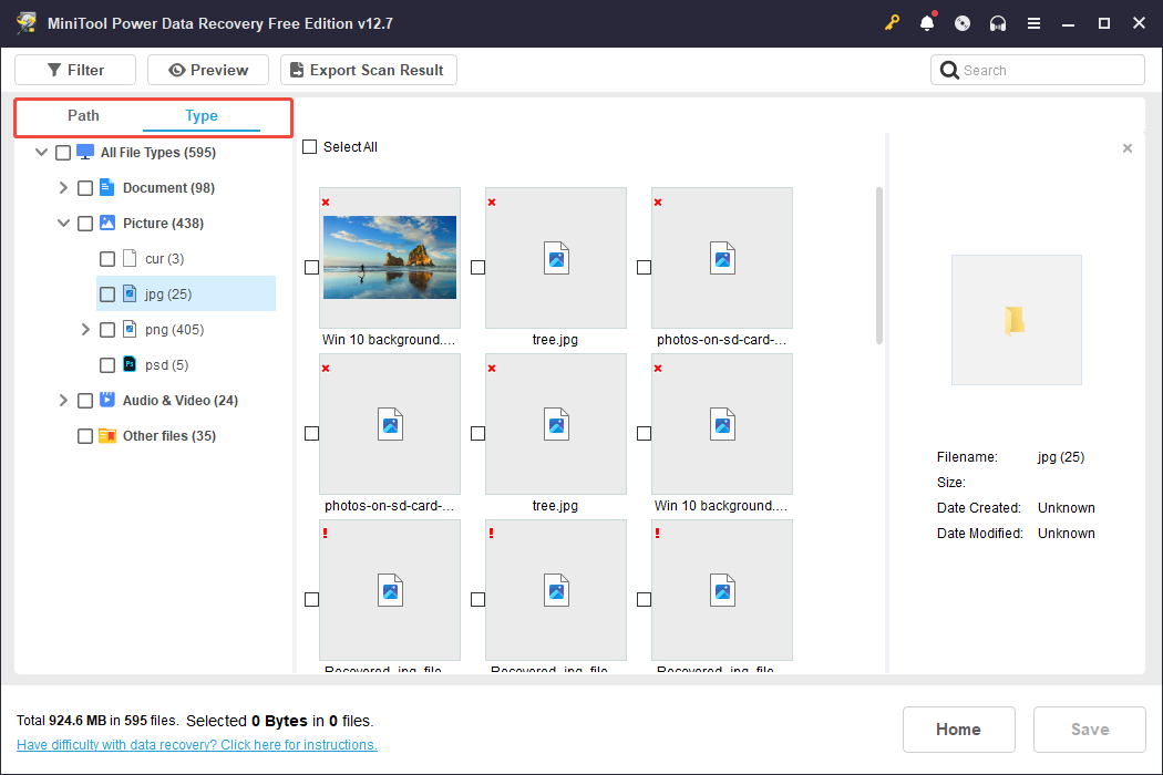 MiniTool Power Data Recovery interface displaying the pictures under the Type section, with Path and Type selected.