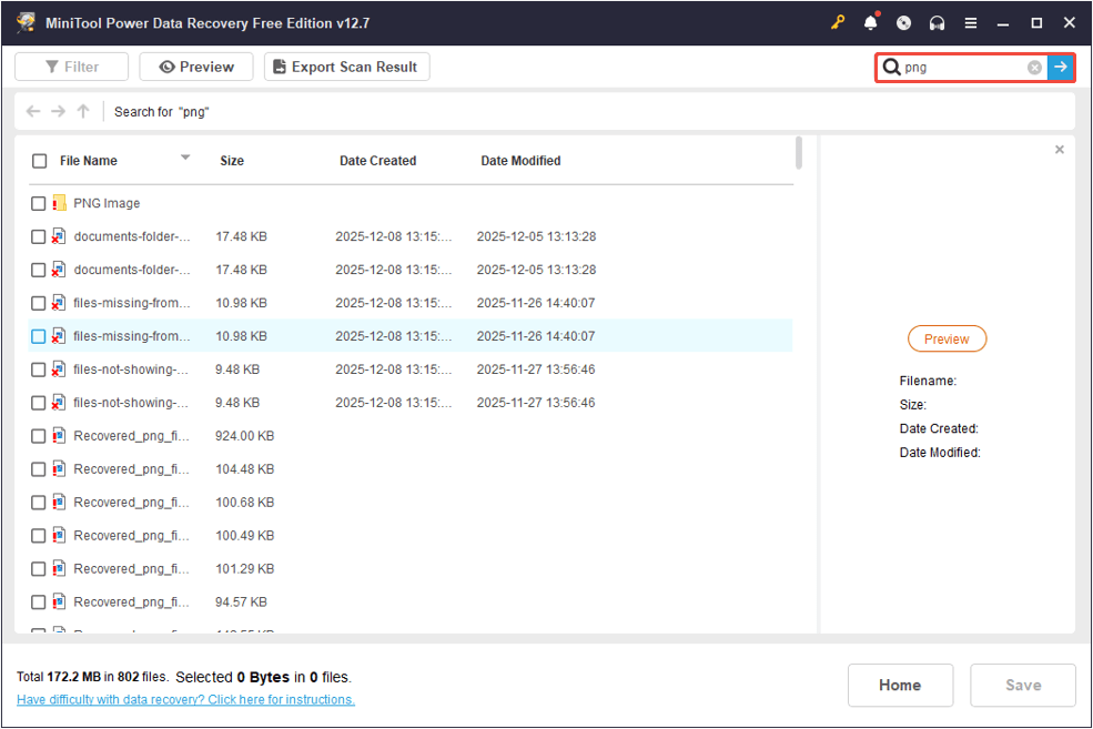 MiniTool Power Data Recovery interface displaying the search results for the file name called png.
