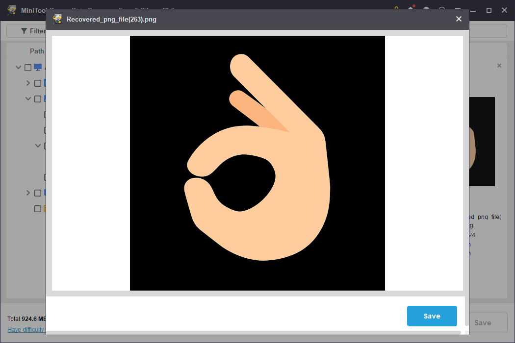 The preview window of MiniTool Power Data Recovery showing an OK gesture image for file verification.