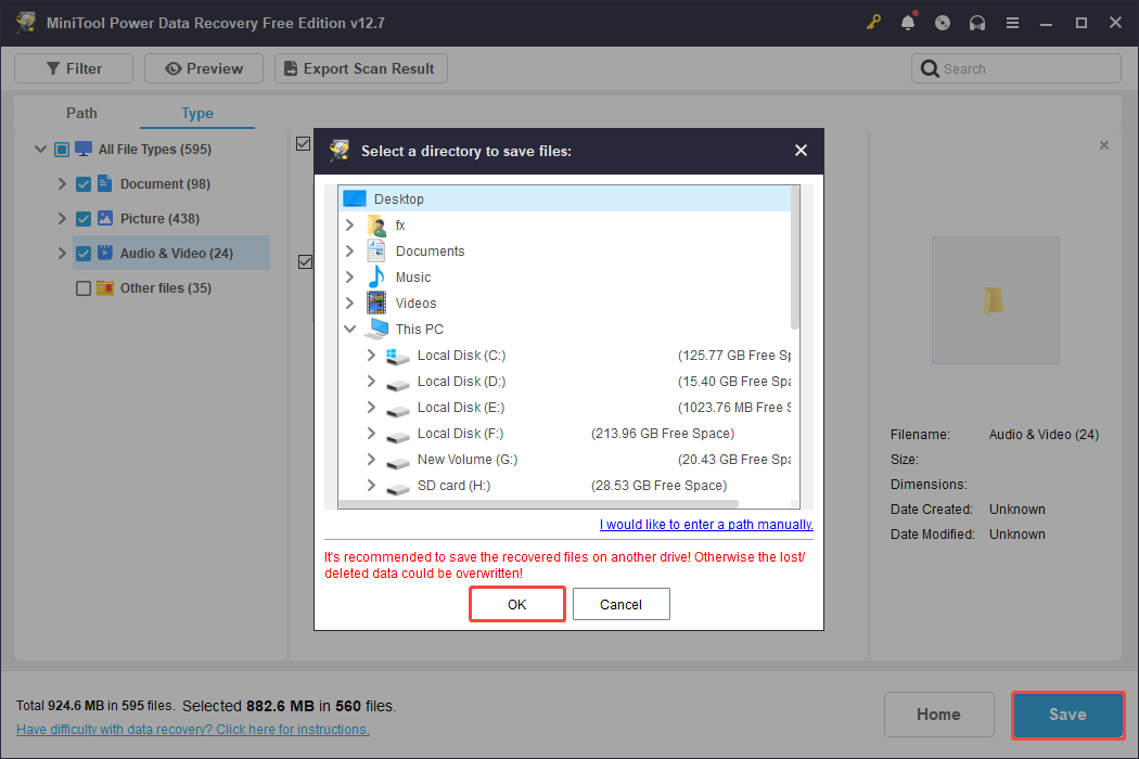 The save interface of MiniTool Power Data Recovery with Save selected, showing a list of directories to save recovered files.