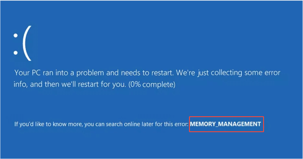 The BSOD interface on Windows displaying the detailed information about the memory management error.