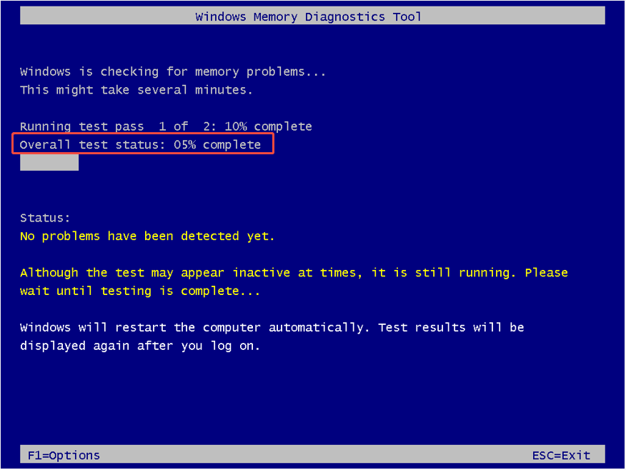 The running test interface of Windows Memory Diagnostics Tool with the Overall test status highlighted.