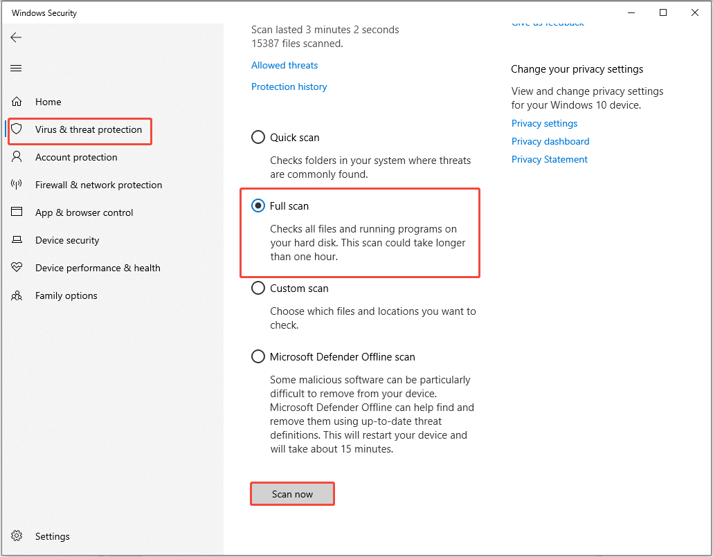 The Virus and threat protection interface showing the scan options, with Full scan and the Scan now button selected.