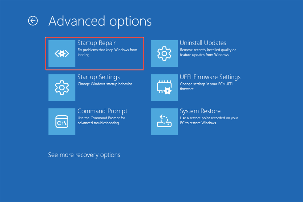 The WinRE interface displaying the Advanced troubleshoot options, with the Startup Repair option highlighted.