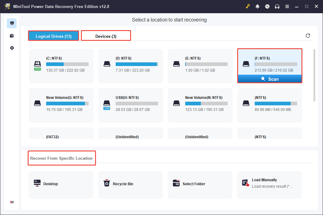 MiniTool Power Data Recovery window showing the partitions, with Logical Drives, Devices, and Scan selected.