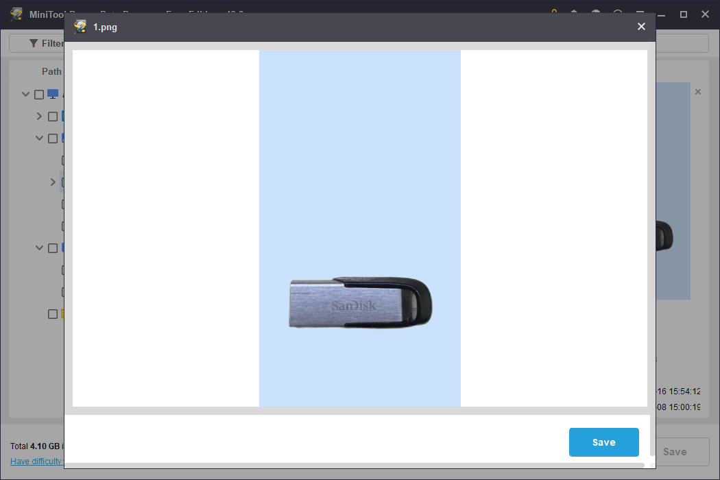 The preview interface in MiniTool Power Data Recovery showing a USB flash drive with a blue background.