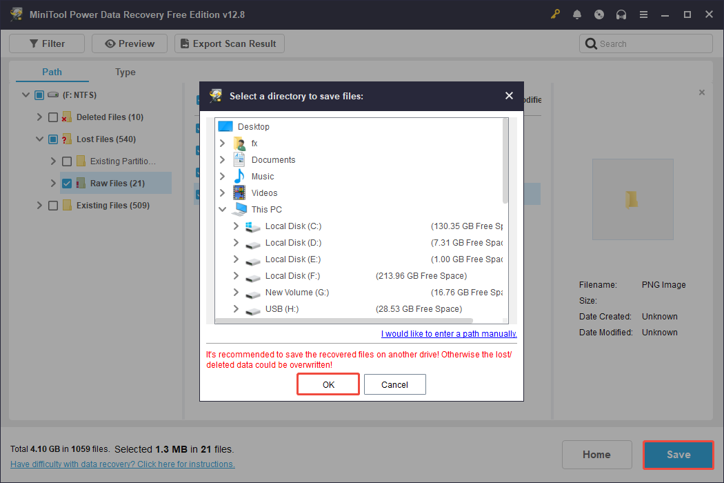 MiniTool Power Data Recovery interface showing the save path for recovered files, with Save and OK selected.