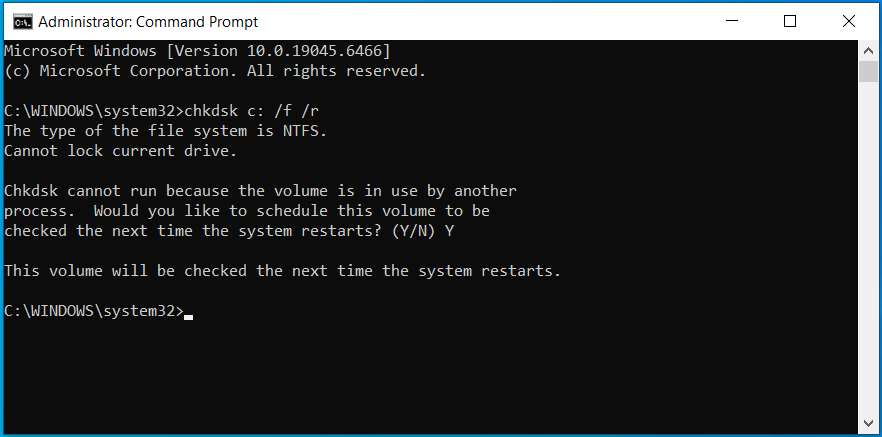 The Admin Command Prompt window with the chkdsk c: /f /r command to check errors and bad sectors.