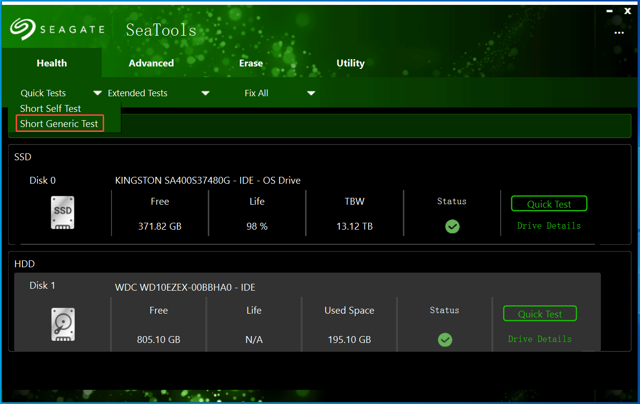 The Seagate SeaTools window with Short Generic Test selected under Quick Tests.