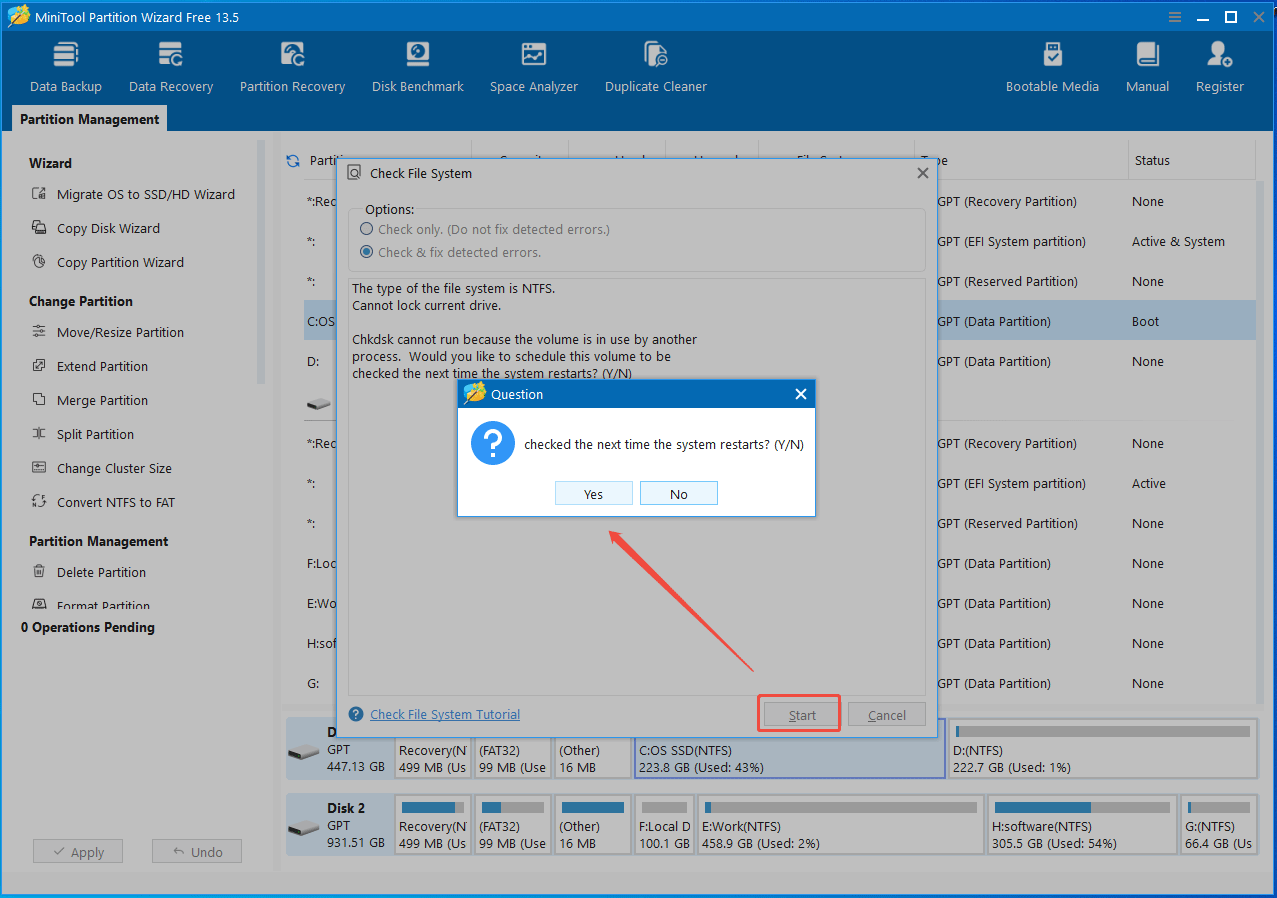 The Check File System window in MiniTool Partition Wizard with Start selected.