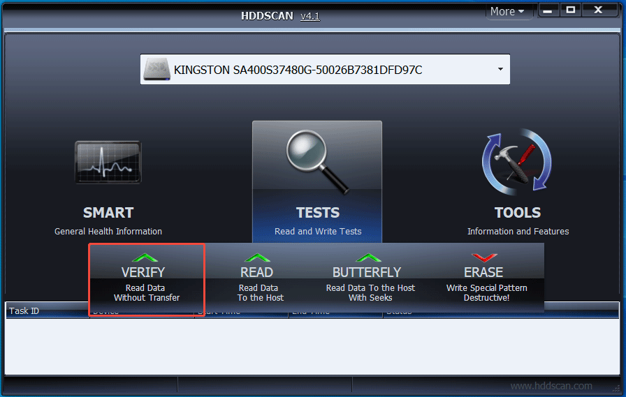 The HDDScan interface with the selected VERIFY test mode under TESTS.