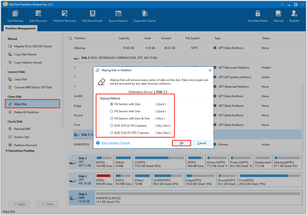 MiniTool Partition Wizard interface with the Wipe Disk option selected, showing a small window for wiping method selection.