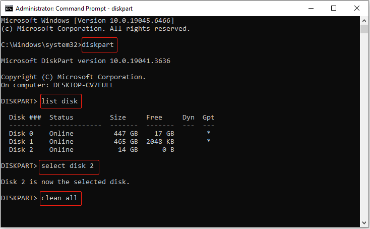 Command Prompt window showing the clean all command executing on disk 2 to remove all files.