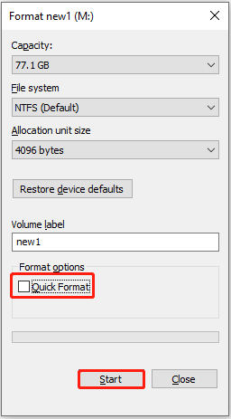 File Explorer interface with the Quick Format option unchecked and the Start button highlighted to fully format the M drive.