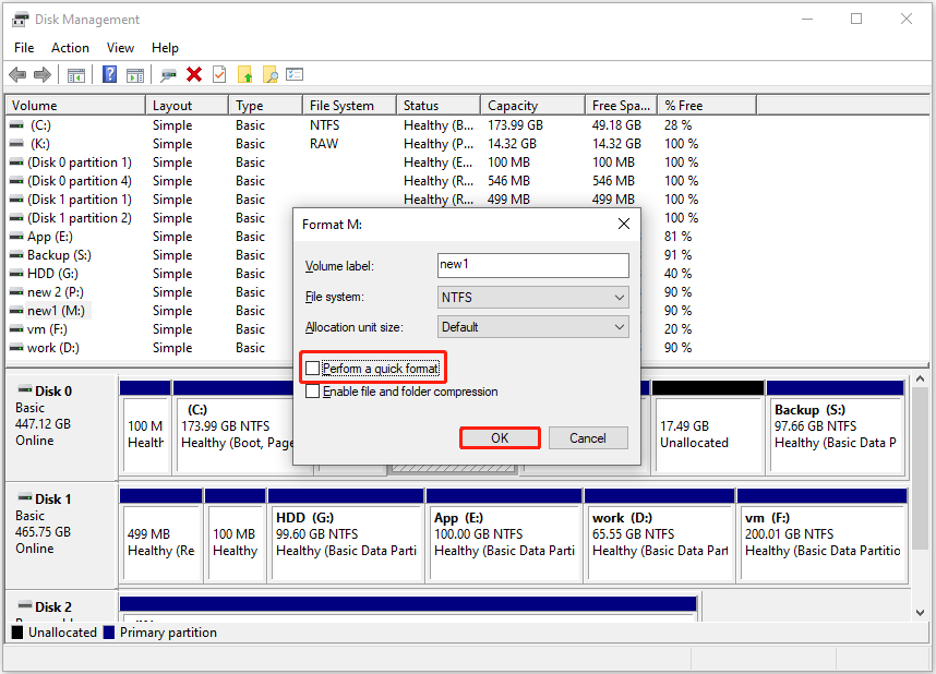 Disk Management interface showing the disk format window, with the Perform a quick format option unchecked.