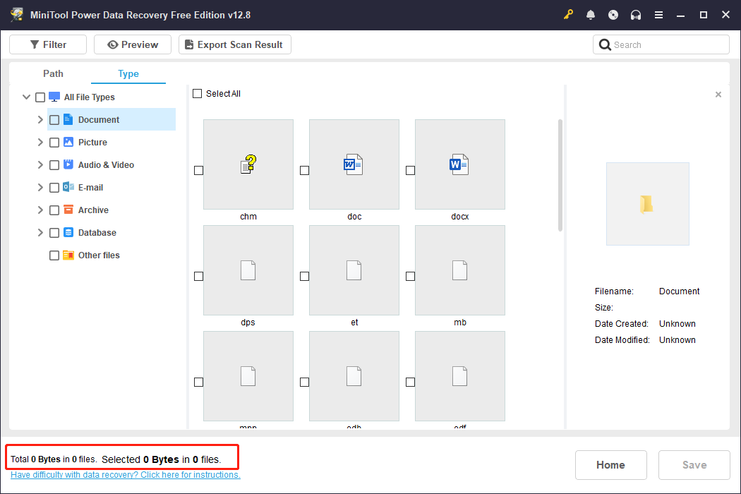 MiniTool Power Data Recovery scan results interface, displaying total and selected file sizes as 0 in the lower left corner.