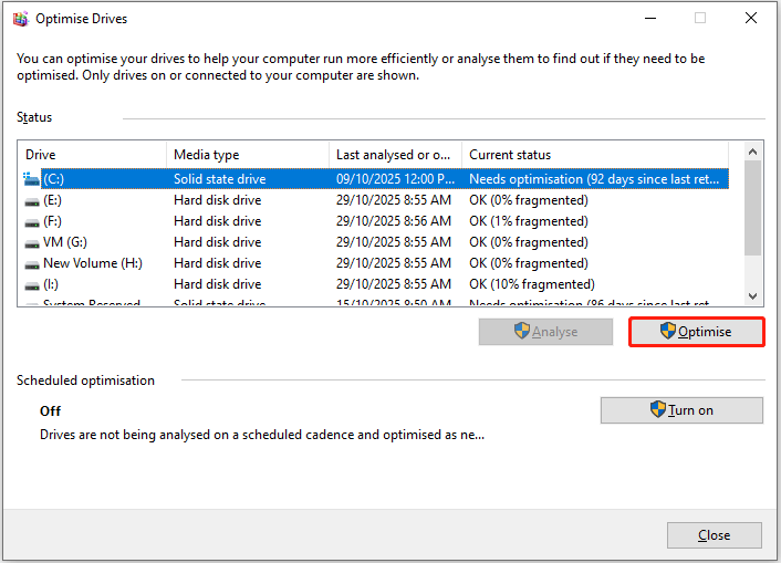 The Optimise option selected to optimize the external hard drive in the Optimise Drives window.