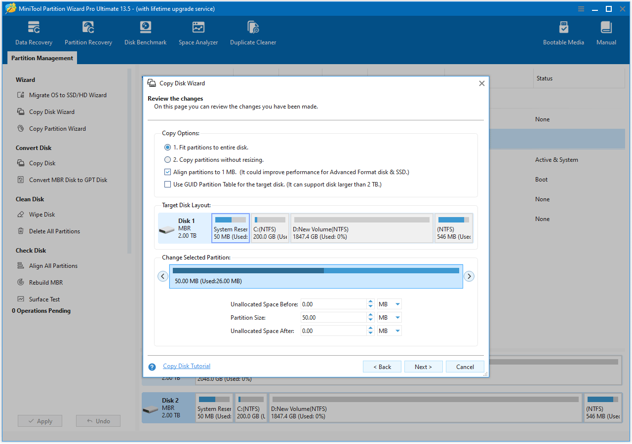The MiniTool Partition Wizard interface with the Copy Options showed.