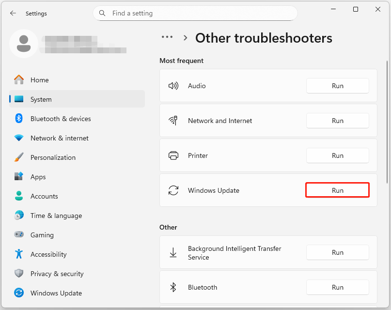 he Other troubleshooters page with the selected Run next to Windows Update.