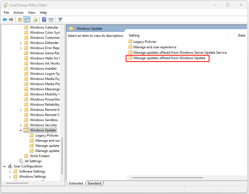 The interface of Local Group Policy Editor with selected Manage updates offered from Windows Update.