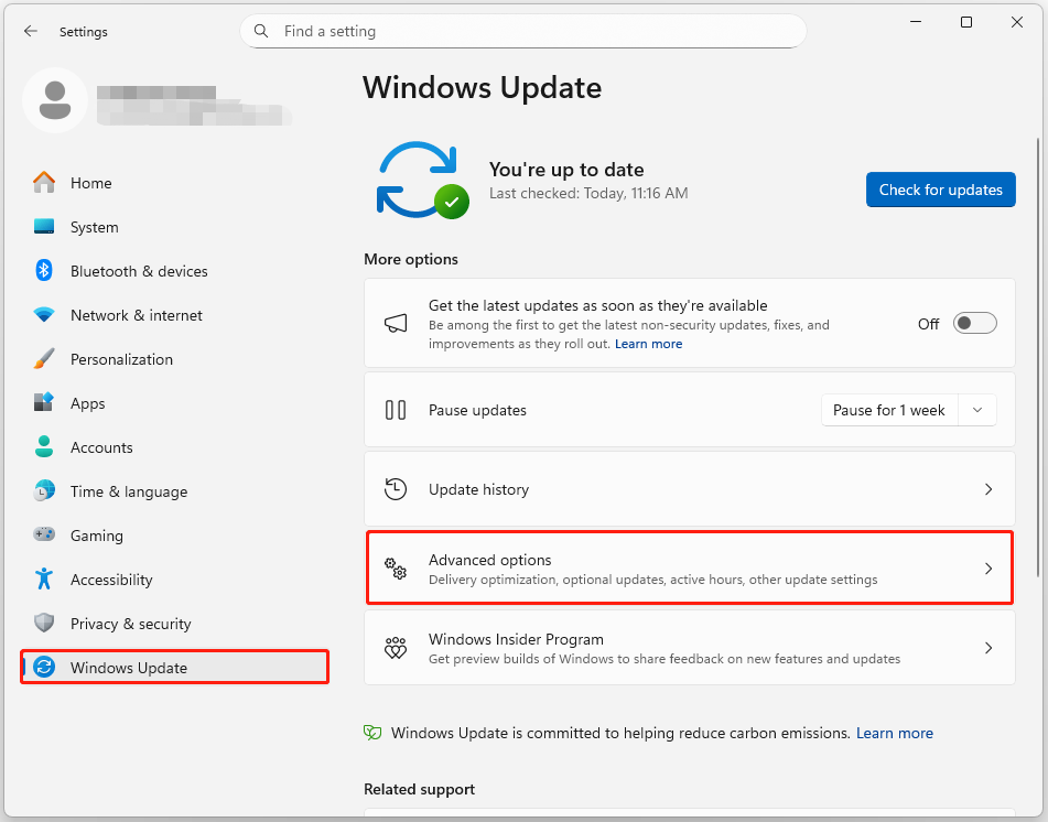 The Windows Update page in Settings with selected Windows Update and Advanced options.