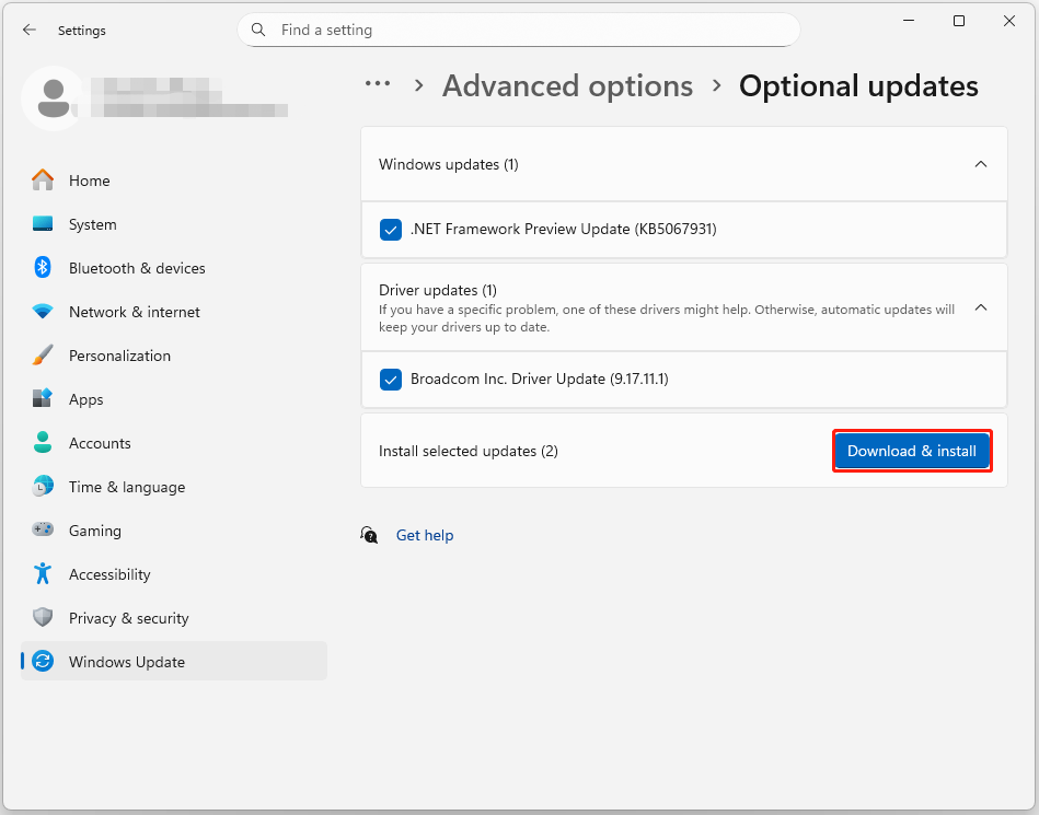The Optional updates page in Settings with selected Download and install.