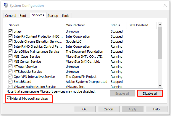 The interface of System Configuration with checked Hide all Microsoft services and selected Disable all.
