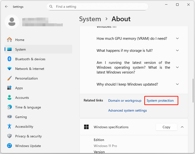 The About page of Settings with selected System protection.