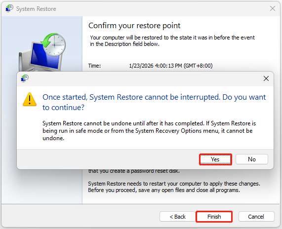 The interface of System Restore with selected Yes and Finish.