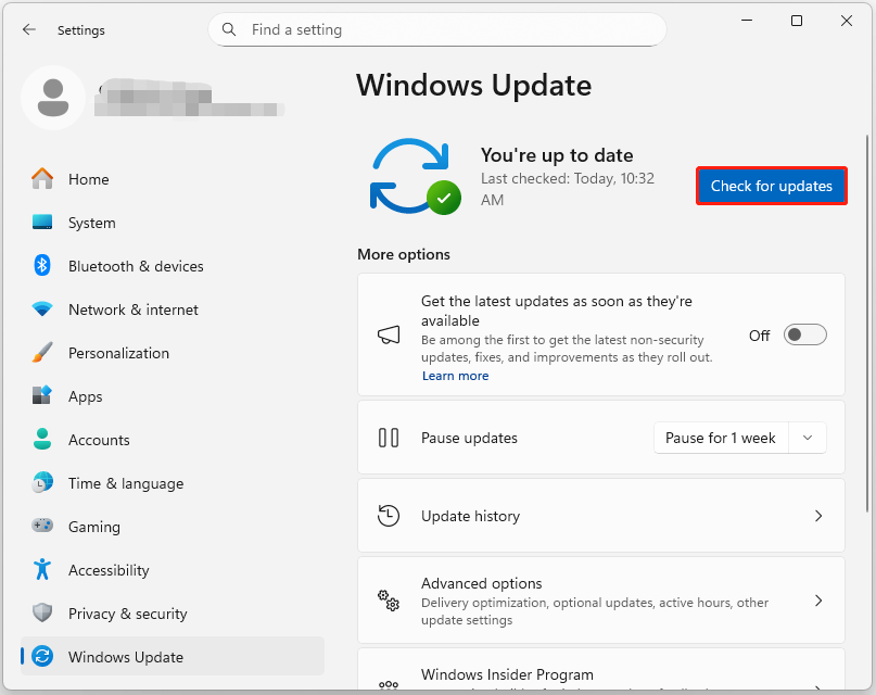 The Windows Update page of Settings with selected Check for updates.