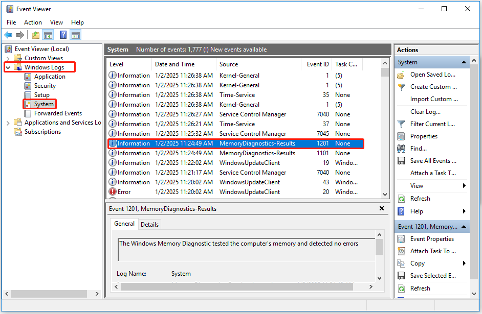 The interface of Event Viewer with selected Windows Logs, System, and MemoryDiagnostics-Results.