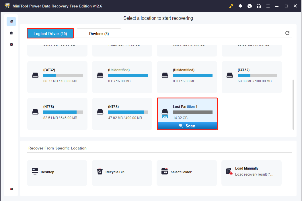 Seleccione la partición perdida para analizar en MiniTool Power Data Recovery