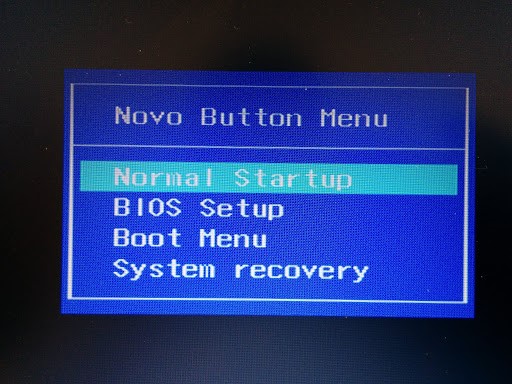The interface of booting into the Novo Button Menu to select the Boot menu.