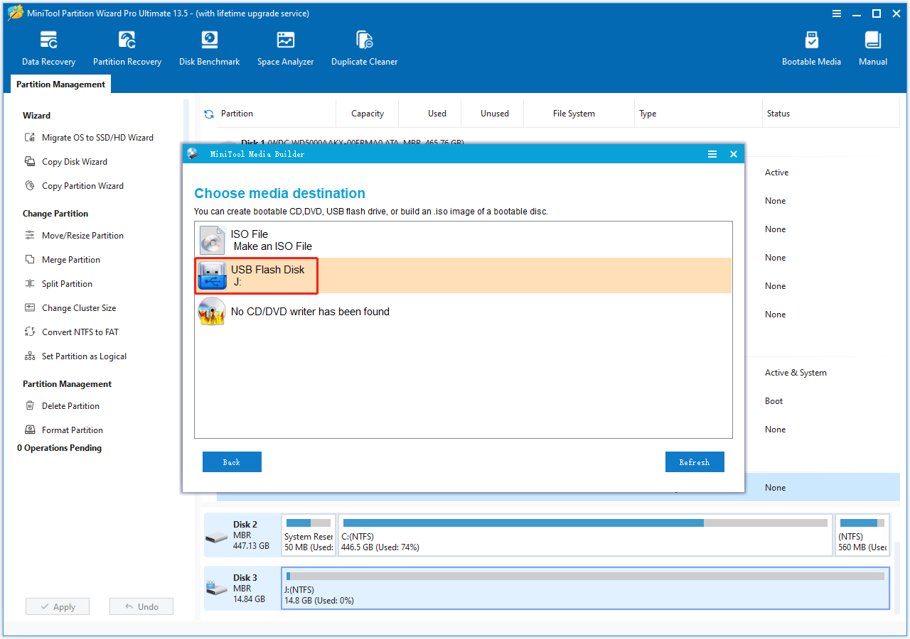 The interface of the USB Flash Disk selected to create a bootable USB in MiniTool Partition Wizard.