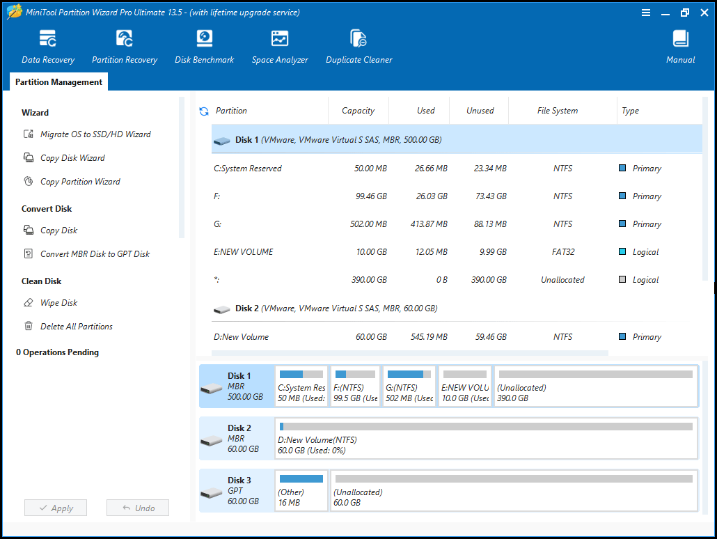 The MiniTool Partition Wizard main interface showing some main features.