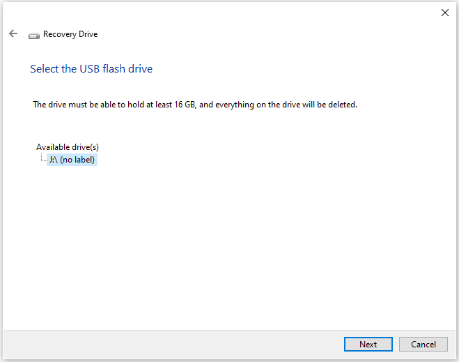 The interface for selecting the USB flash drive to create the recovery drive.