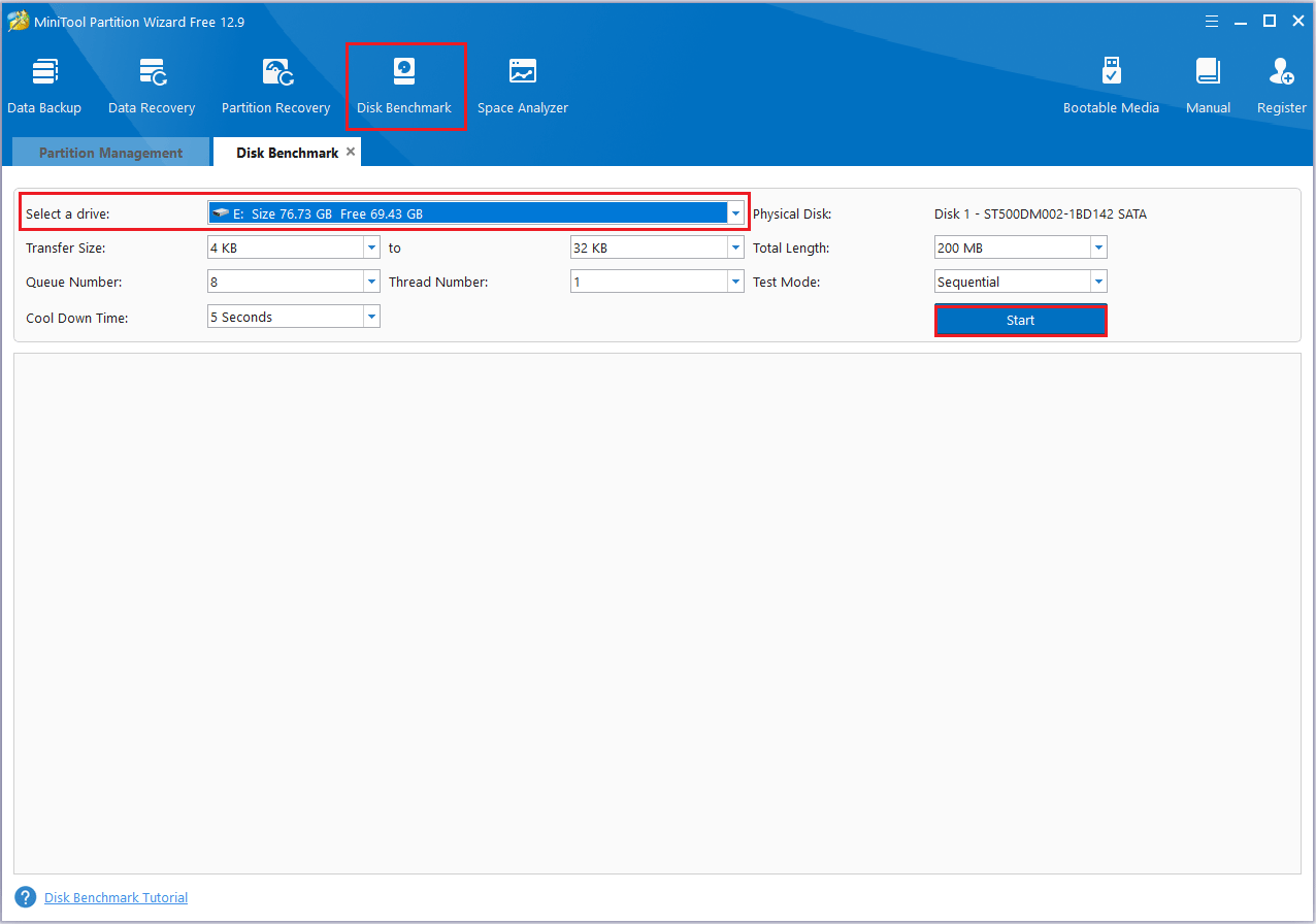 Haga clic en iniciar para probar la velocidad de la tarjeta SD en MiniTool Partition Wizard