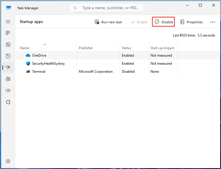 The Task Manager window with the Disable option to disable startup apps.
